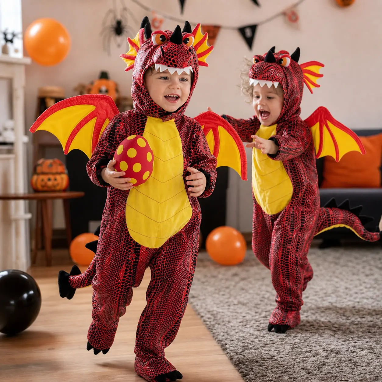 Kids Dragon Costume with Wings and Tail - Toddler Red Dinosaur Cosplay Jumpsuit for Boys Girls, Mythical Beast Halloween Party Dress-Up Outfit Set for School Performance