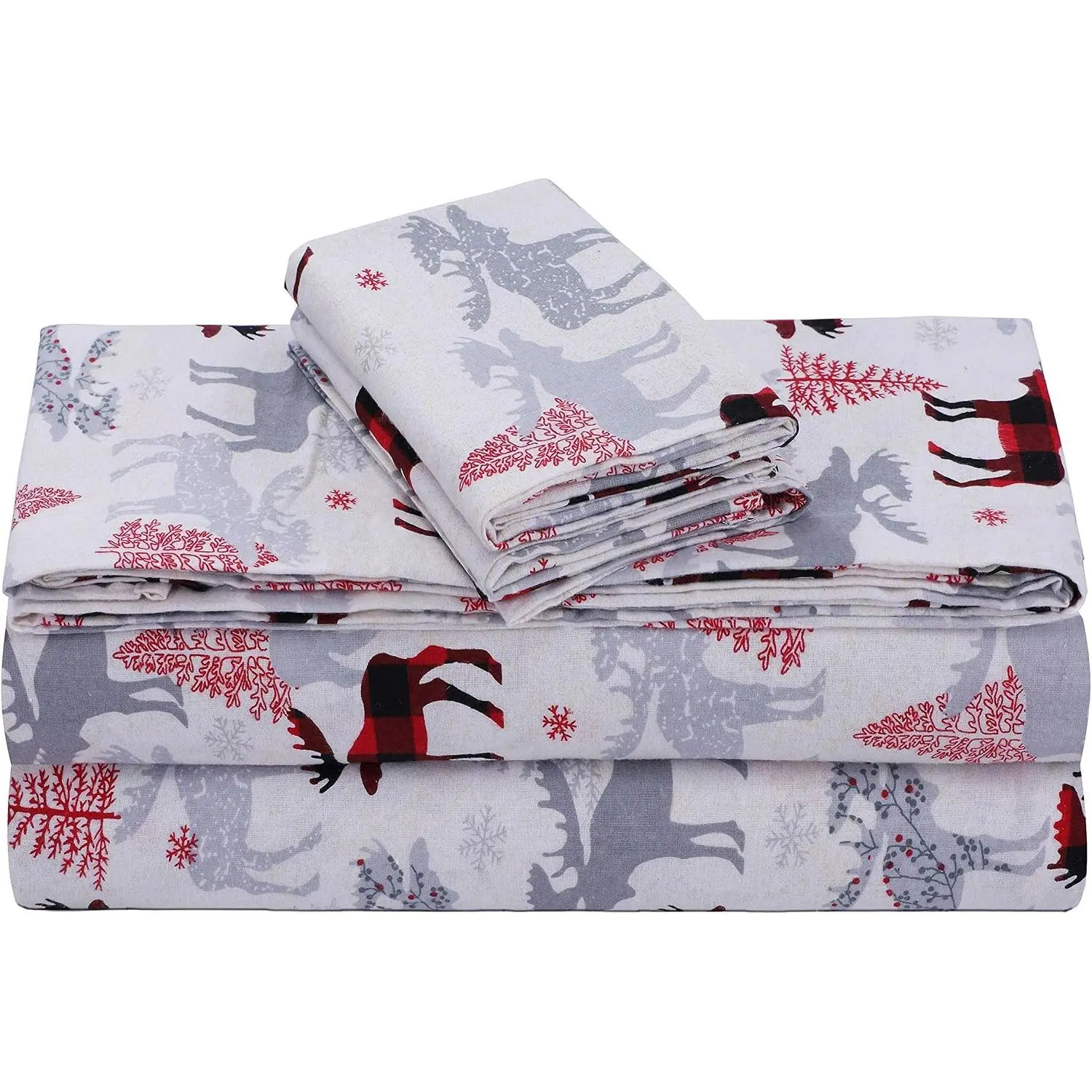 Flannel  Sheet Set, 3 count Brushed  Flannelette Flat Sheet, Winter Fitted Sheet, Heavy Weight Bedding, 16" Deep Pocket (Red )