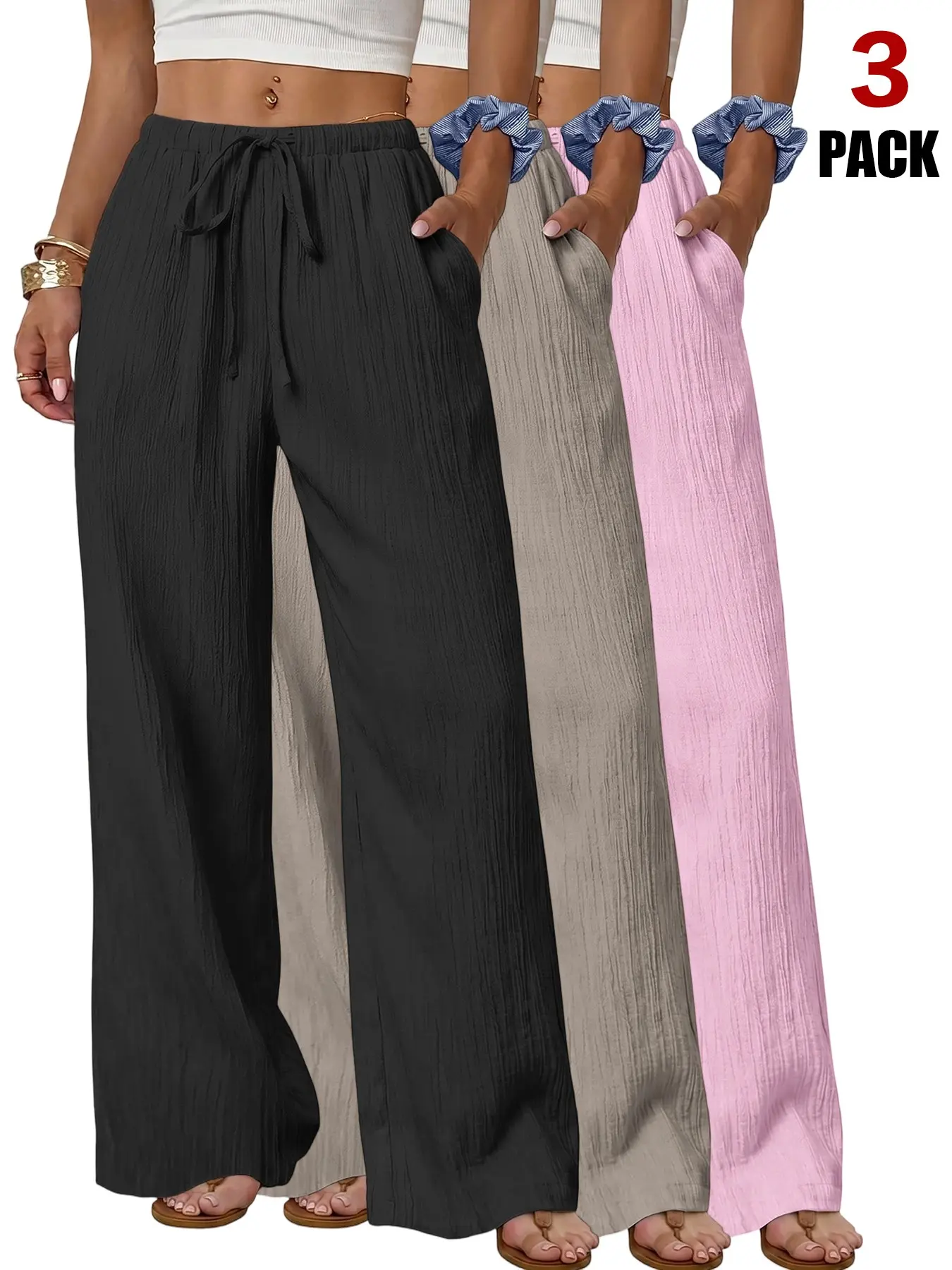 2026 Women Lightweight Textured Wide Leg Palazzo Pants, Elastic Drawstring High Waist, Sleeveless, Casual Trousers for All Seasons