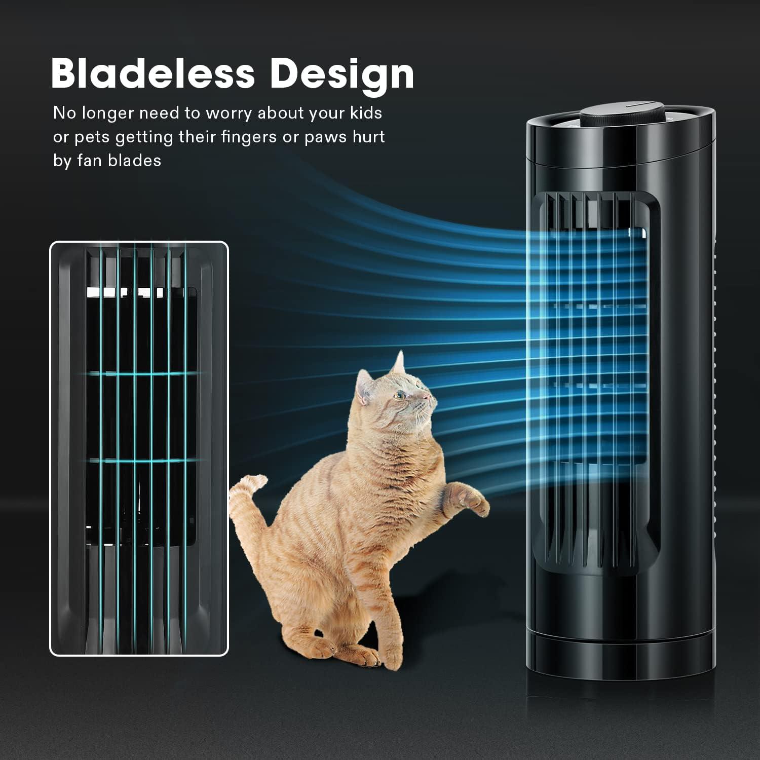 13'' Tower Fan, Bladeless Desk Fan with 3 Speeds and 70° Oscillation, Portable and Compact, Quiet Cooling Fan for Home and Office, Black