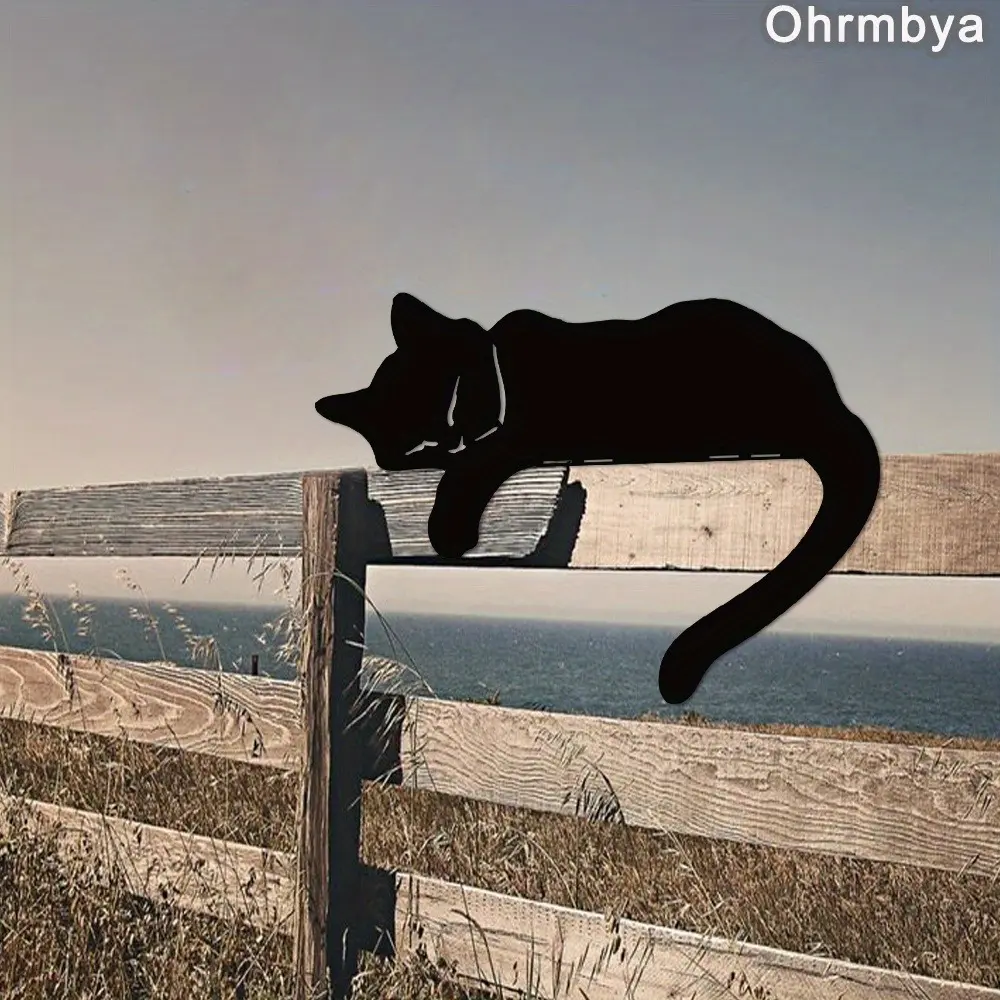 Decorative Metal Cat Silhouette Fence Topper - Black Sleepy Cat Outdoor Garden Art - Rusted Look Feline Fence Ornament - Durable Metal Garden Fence Decor