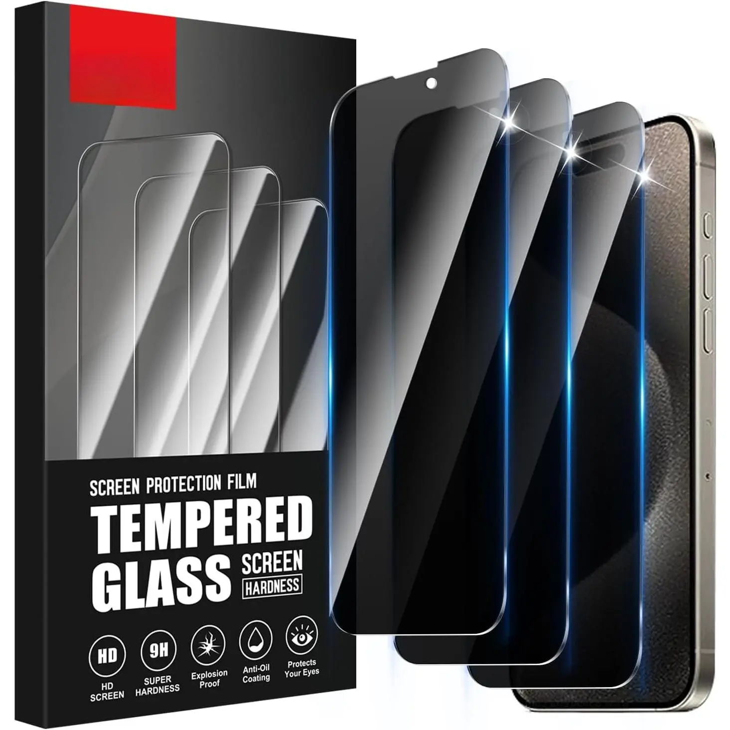 3-Pack Tempered Glass Screen Protector for iPhone 15 Pro Max, Full Coverage Anti-Spy Film, 9H Hardness, Anti-Fingerprint, Bubble-Free, Easy to Install