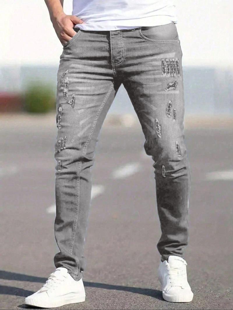 Men's Ripped Straight Leg Pocket Design Denim Jeans, Casual Comfy Regular Fit Jeans for Daily Wear, Fashion Men's Bottoms for All Seasons