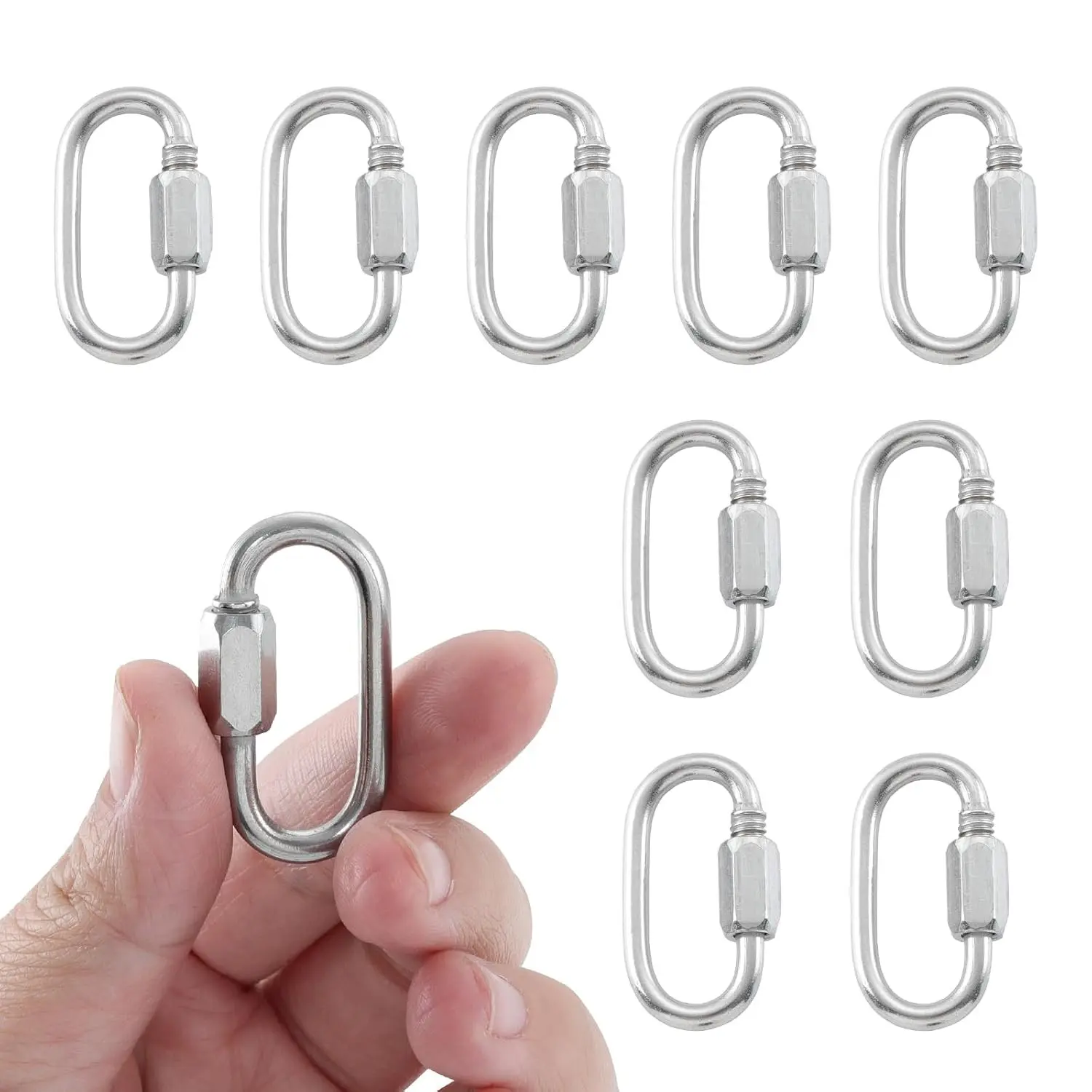 HOME MASTER HARDWARE 304 Stainless Steel D-Shaped Locking Quick Link Carabiner, Solid Metal Outdoor Quick Release Heavy Duty Secure Connector for Chains, Straps (10 Pack)