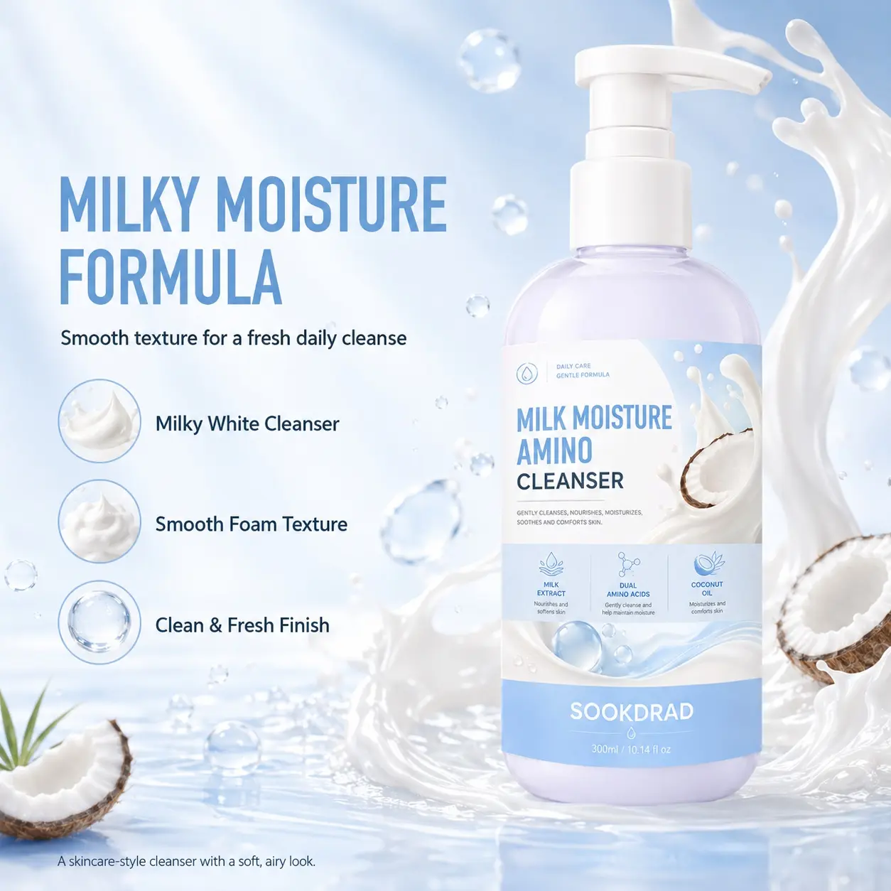 Milk Moisture Amino Cleanser, milk extract, dual amino acids, coconut oil, gentle cleansing, nourishing, moisturizing, soothing, comforting, face, all skin types, daily care, 300ml/10.14 fl oz