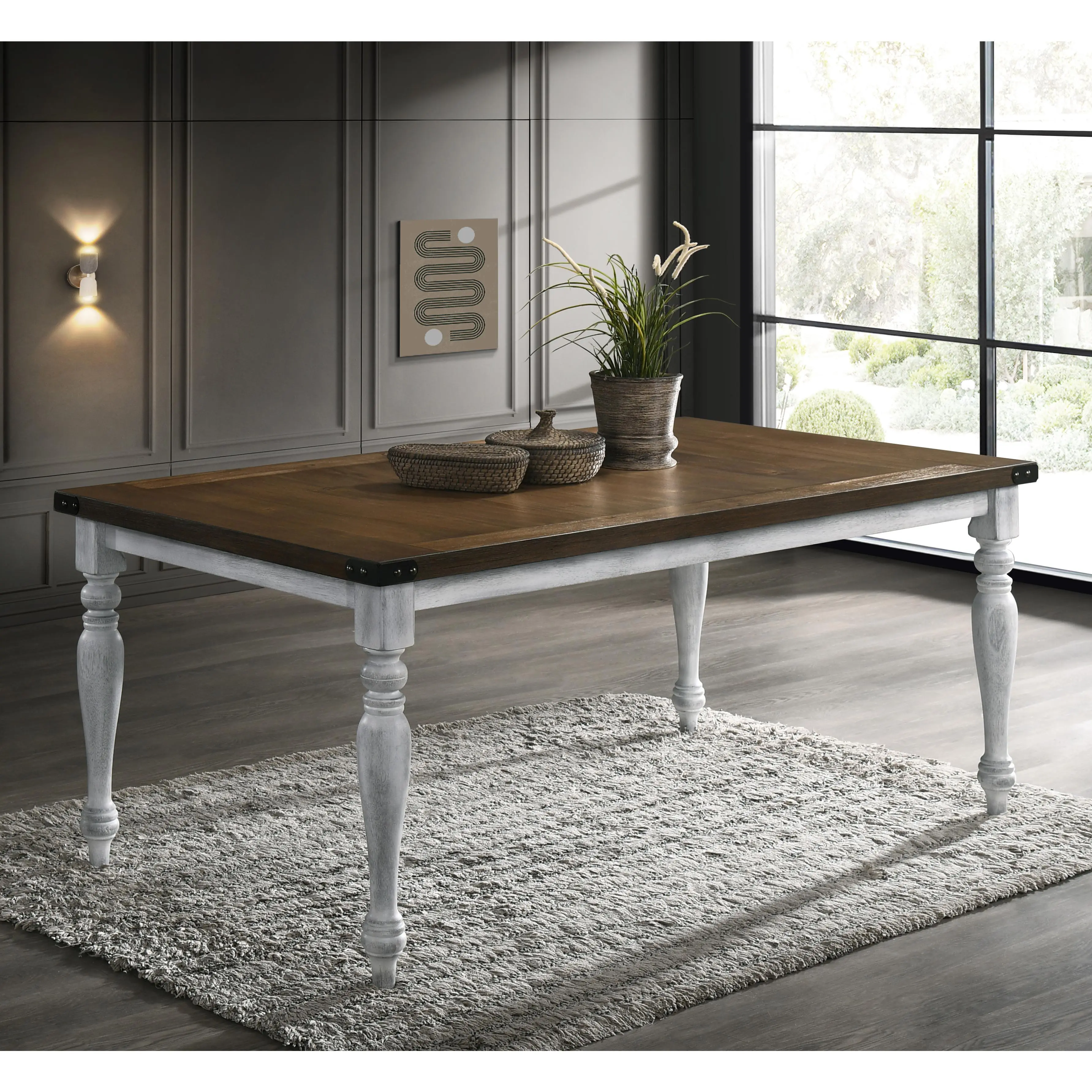 Nokaa Two-Tone Wood Dining Table with Turned Legs, Rustic White & Distressed Oak Finish, Solid Rubberwood & MDF with Acacia Veneer, 72"W x 40"D x 31"H, Farmhouse Style, White + Deep Walnut