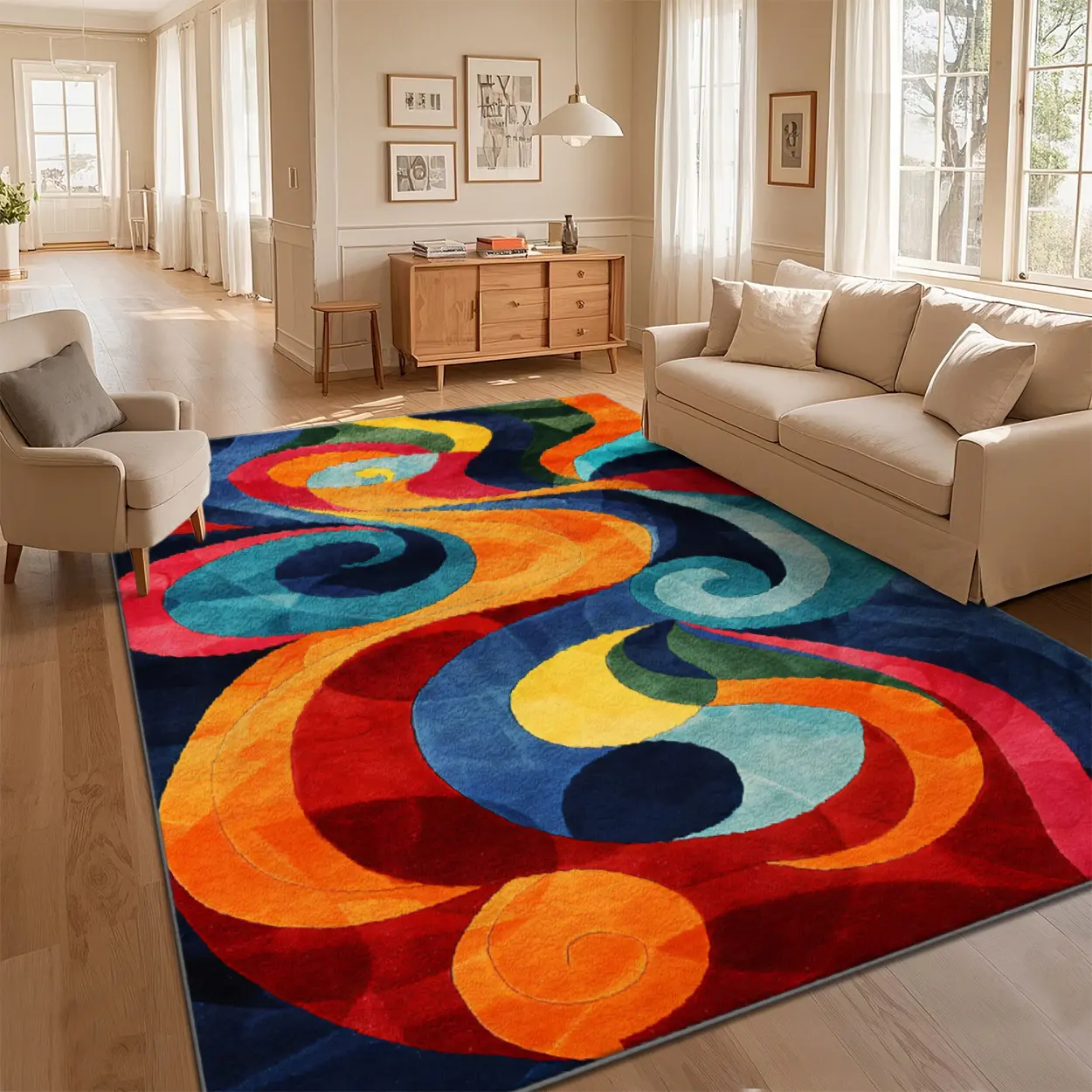 Local Delivery Multi Sizes Velvet Rainbow Multi Tone Spiral Swirl Fluid Art Rug Washable Non Slip Boho Farmhouse Runner Nursery Indoor Decor Rug