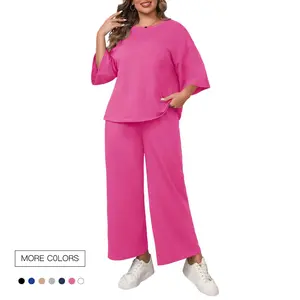 Danedvi Womens Plus Size 2 Piece Outfits 3/4 Sleeve Tops and Wide Leg Pants Loungewear Pajamas Sets Casual Nightwear