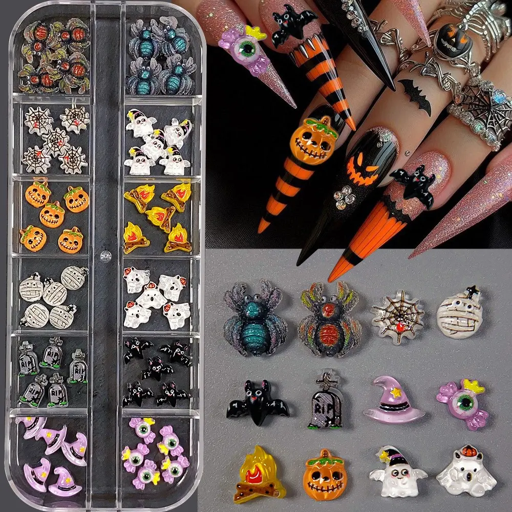 12 Grids Halloween Cartoon Resin Nail Charms, Ghost, Spider & Little Devil Cute Spooky Nail Decorations