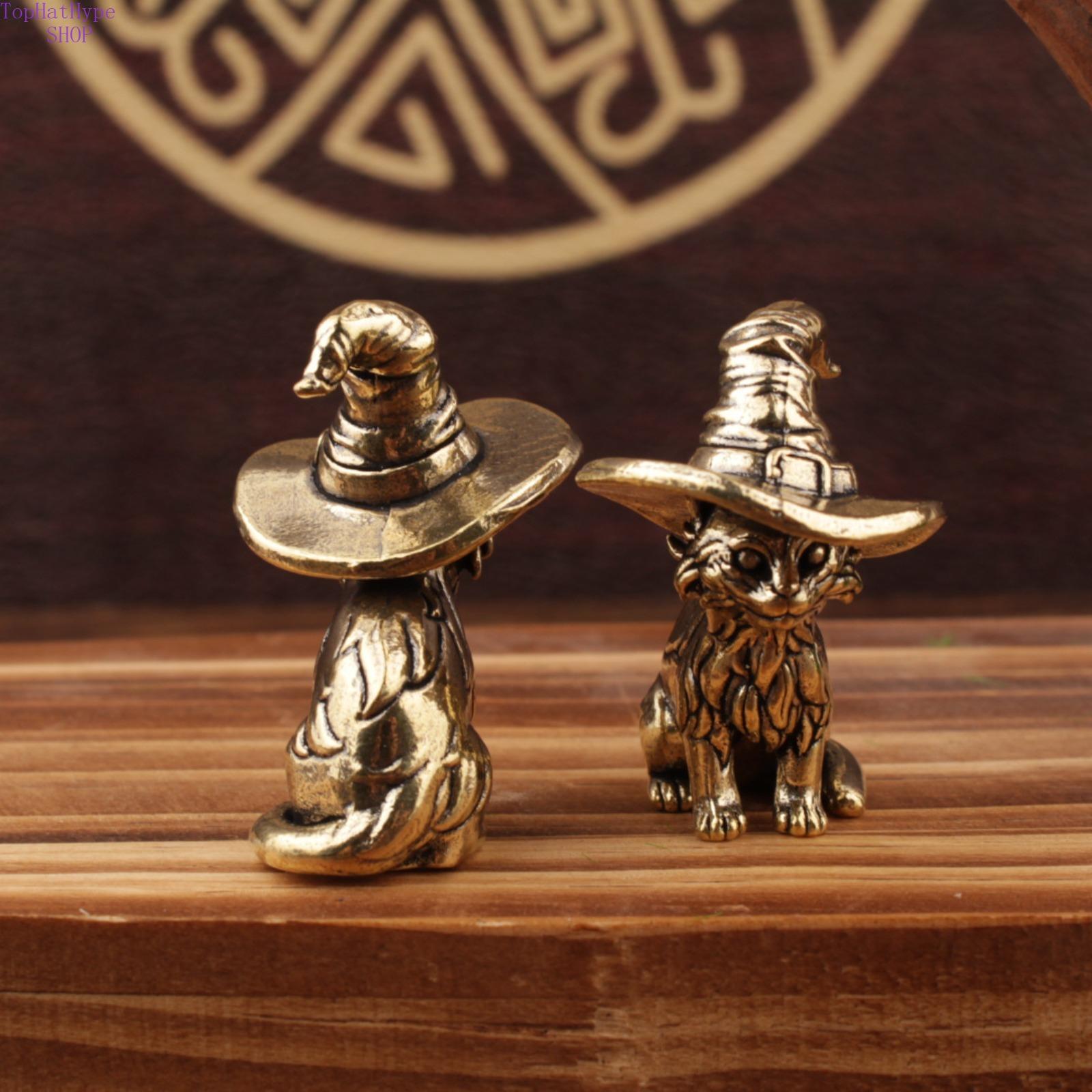 Solid Brass Cute Magic Cat Figurine, Mini Desktop Handheld Ornament, Vintage Tea Pet & Collectible Craft for Home & Office Decor