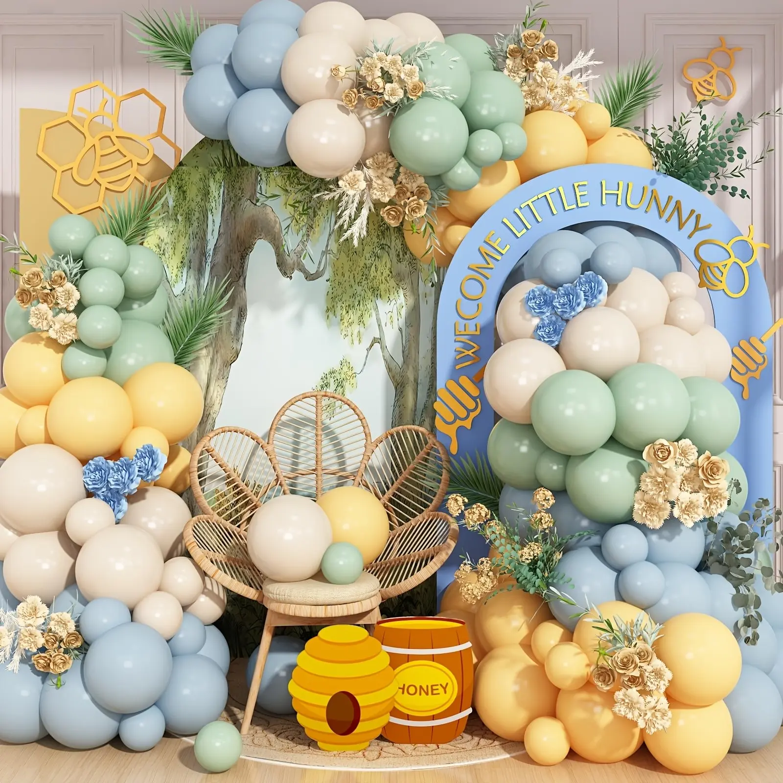 Dusty Blue Sage Yellow Ivory Balloon Garland Kit, Welcome Little Hunny Bee Themed Balloon Arch Decor for Baby Shower, Gender Reveal, 1st Birthday Party Supplies