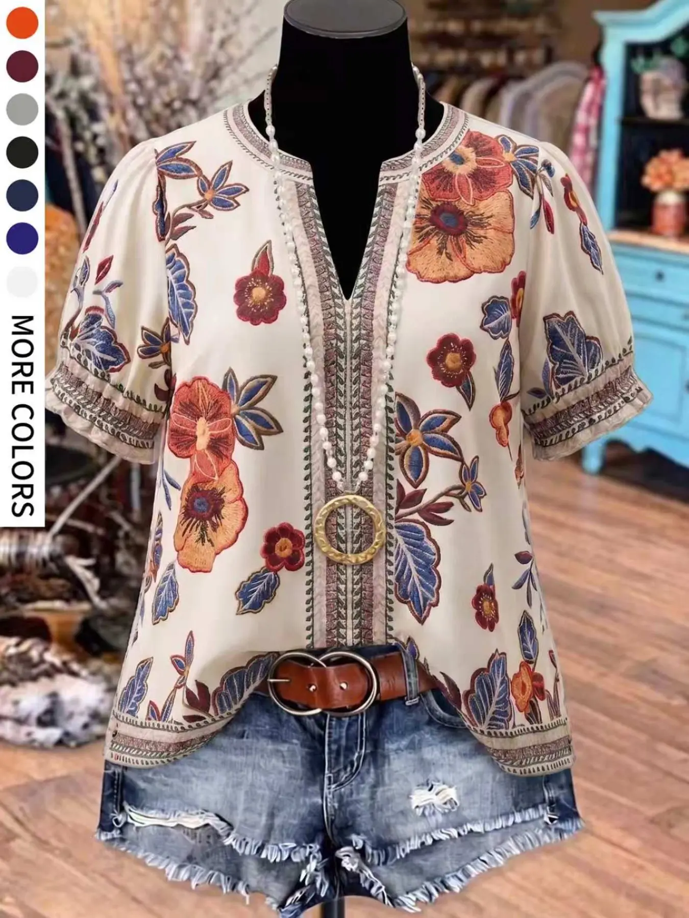 Plus Size Women's V-Neck Print Casual Shirt, Lantern Sleeve Pleated Design, Comfortable Loose Fit, Ideal for Daily Wear and Garden Parties