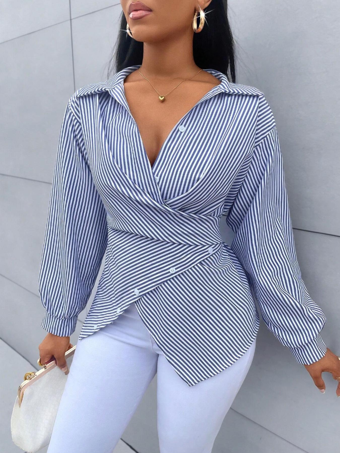 Women's Striped Print Button Front Collared Casual Shirt, Button Down Shirt,Asymmetrical Hem ,Wrap Blouse,Long Sleeve,Fitted,Elegant,Daily Commuting,Going Our,All Season