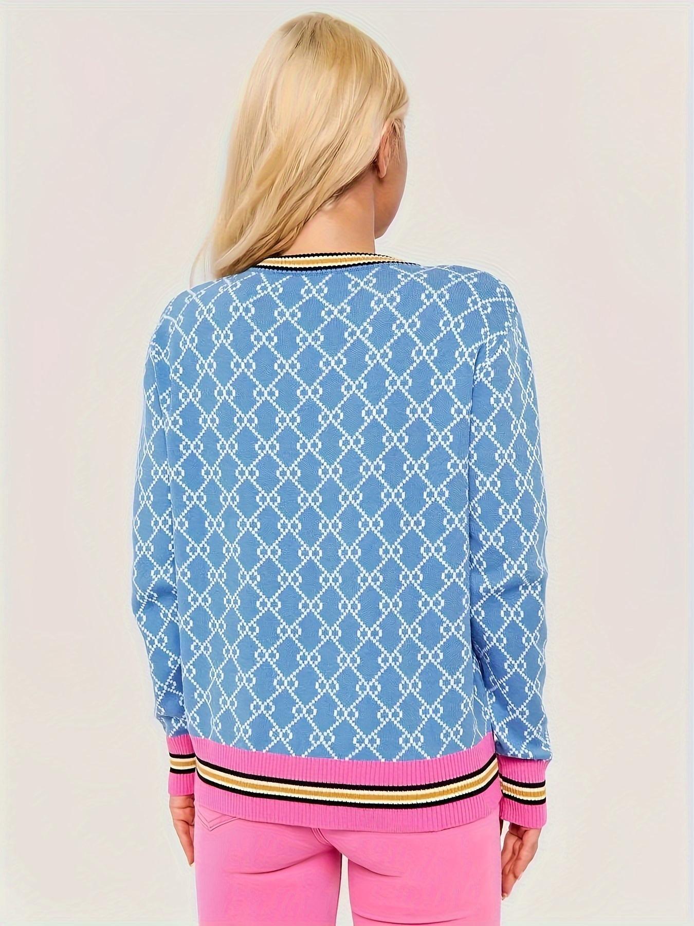 Women's All-Over Geometric Print Contrast Binding Knitted Sweater, Casual Colorblock Striped Print Long Sleeve Round Neck Jumper for Fall & Winter, Fashion Ladies' Knitwear for Daily Wear, Womenswear