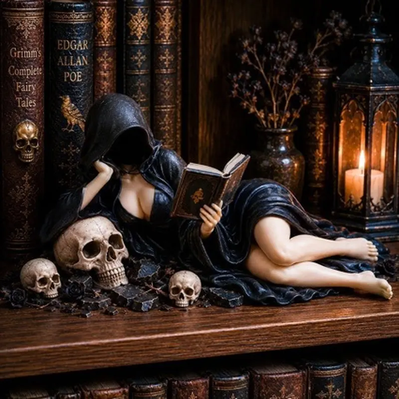 Gothic Hooded Reader Figurine Halloween Gothic Black Robe Witch Reading Figurine Gothic Hooded Reader Figurine Halloween Gothic Black Robe Witch Reading Figurine