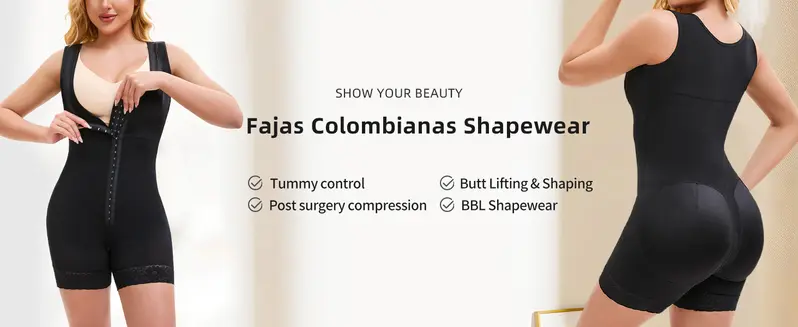 Fajas Colombianas Full Body Shaper For Women – Firm Control Shapewear With Zipper – Black/Beige