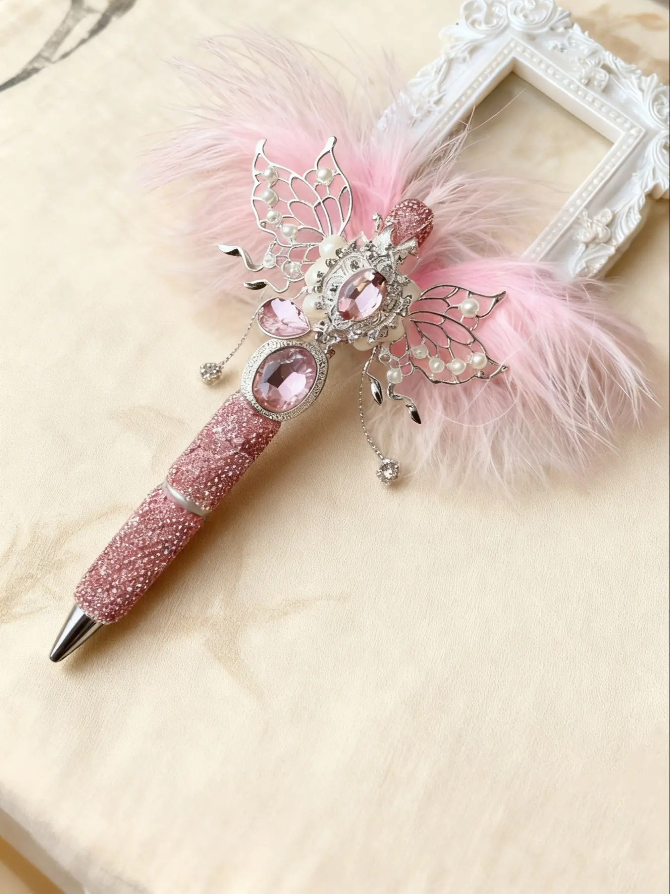 Bling Rhinestone Beaded Pen with Elegant Feather Wings Bead and Dual-Sided Glass Crystal Oval Metal Bead, Stylish Writing Accessory, Bead Pens