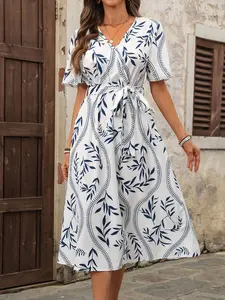 Women's Fashion Elegant Casual V-Neck Short Sleeve Printed Midi Patchwork Dress, Stylish and Comfortable Summer for Daily Wear, Boho Fashion Sundress