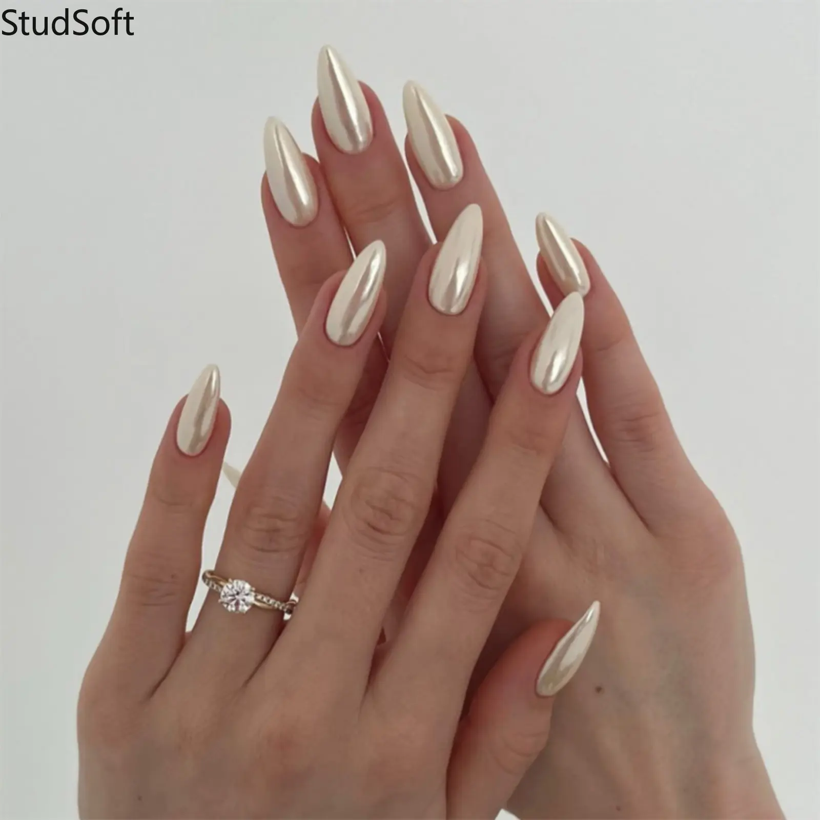 30PCS Nude Chrome Press on Nails Pearl Glazed Fake Nails Full Cover Medium Coffin Artificial False Fingernails Champagne Aurora Girls Daily,back to school,back to school haul