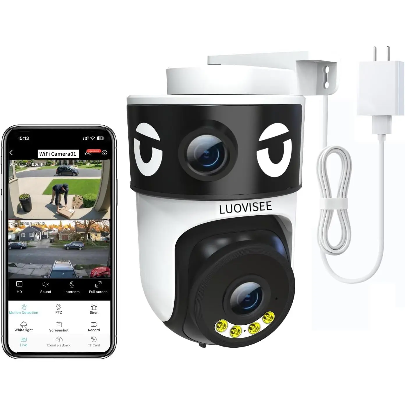Luovisee Dual Lens Security Camera Outdoor/Indoor,Wired Camera for Home Security for Plug-in 24/7 Continuous Recording,360° View Pan/Tilt,Siren Alarm,Two Way Audio,2.4GHz Wi-Fi