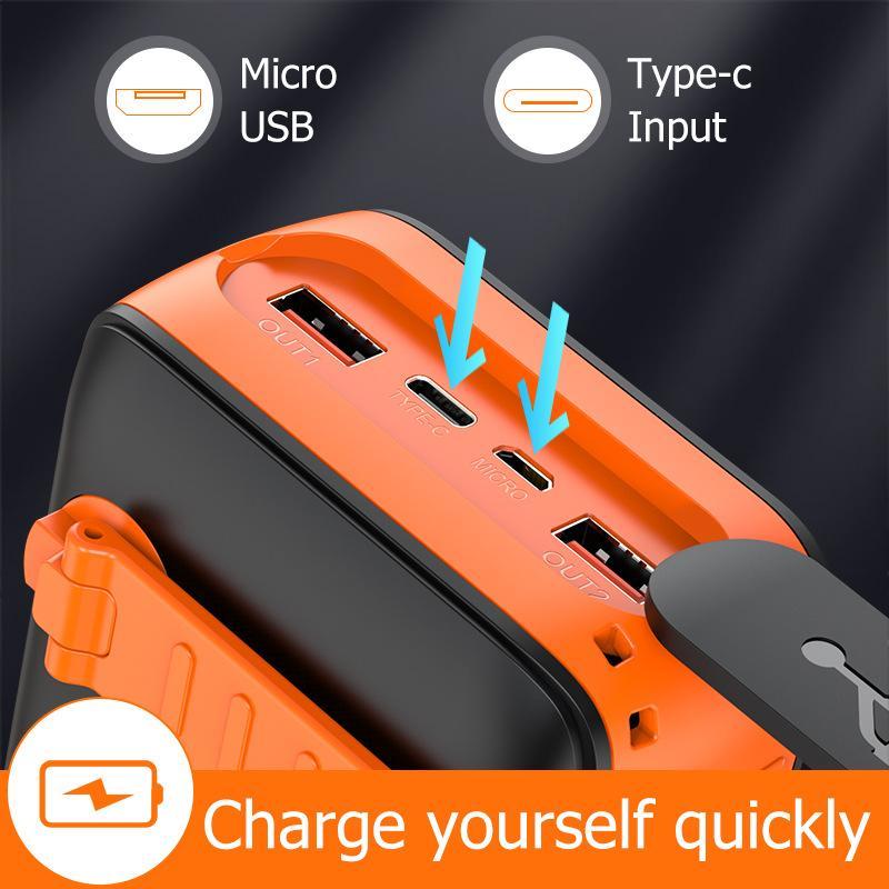 63200mAh Portable Solar Charger Power Bank Hand Crank Charge,Built in 3 Cables 4 Outputs 15W Fast charging Device,4 flashlights LED lighting /SOS/ flashing  for Spring Outdoor Camping,Mother's Day Gift Accessories Micro Smartphone Usb Chargeable
