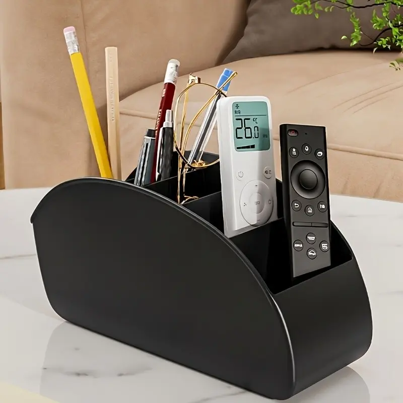 Black Plastic Remote Control Holder, 5-Slot Desktop Organizer Box, Space-Saving Home Office TV Station Storage Rack, Multi-Functional Storage Shelf, Suitable for Living Room, Home Office, Bedroom - Compatible with Various Remote Controls