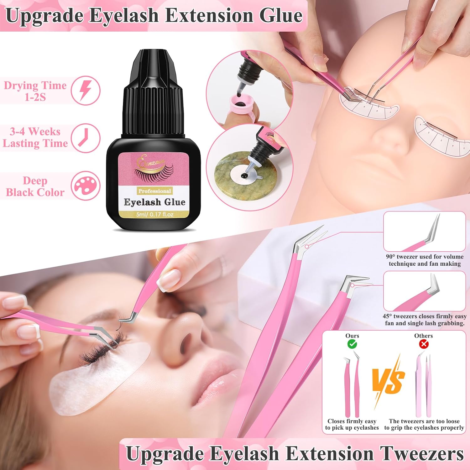 SUNDAY MIRTH Lashes Kit for Eyelash Extension Beginner Lash Tech Starter Kit with Eye Lash Mannequin , Professional Eyelash Extension Kit with Lash Fan, Extension Glue and Eyelash Remover for Practice