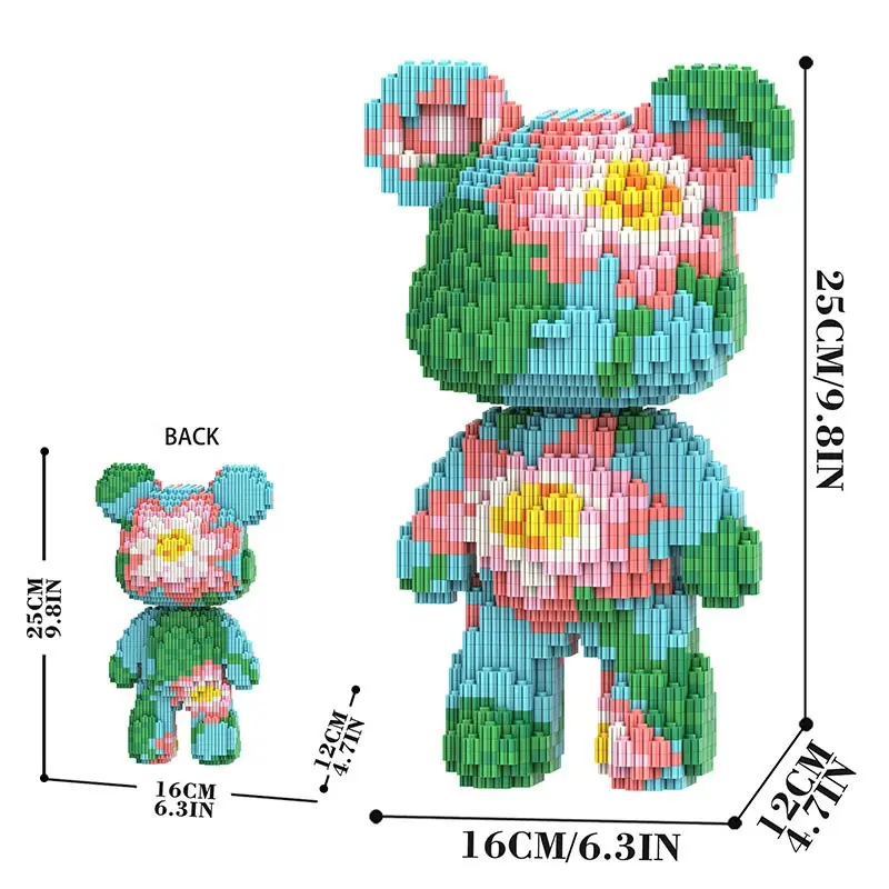 DIY Micro-Particle Lotus Block Bear, 3D Puzzle Building Blocks Toy, Bearbrick Style Decor Gift, Adult DIY Puzzle Ornament, Home Decoration, Holiday Gift