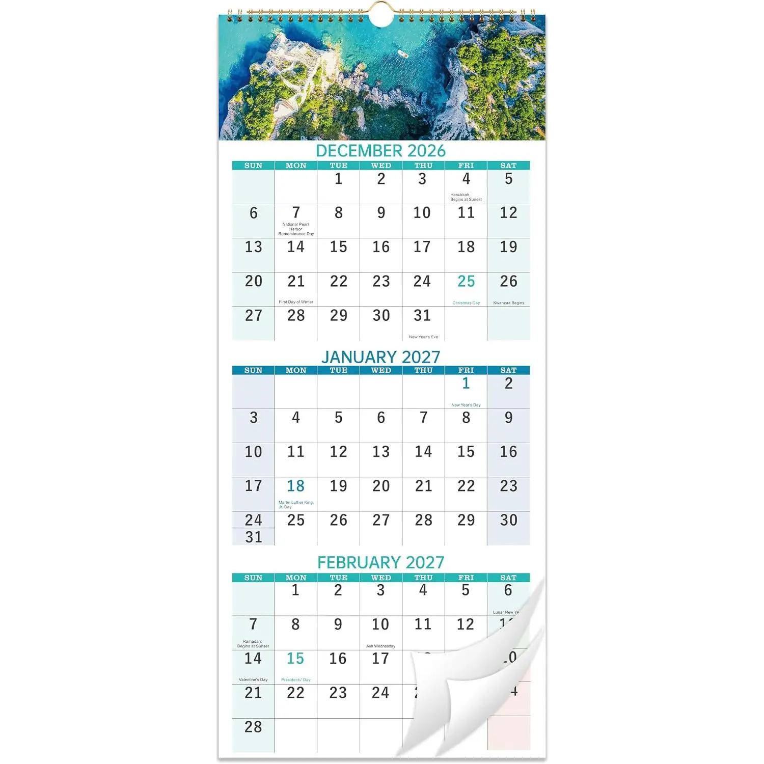 2027 Wall Calendar, 3-Month Wall Calendar 2027, Vertical Display, Foldable | -Off, Large Writing Blocks, -Wire Binding,Jan 2027 - Dec 2027, 11" x 26" Opened, Organizer for  Office School