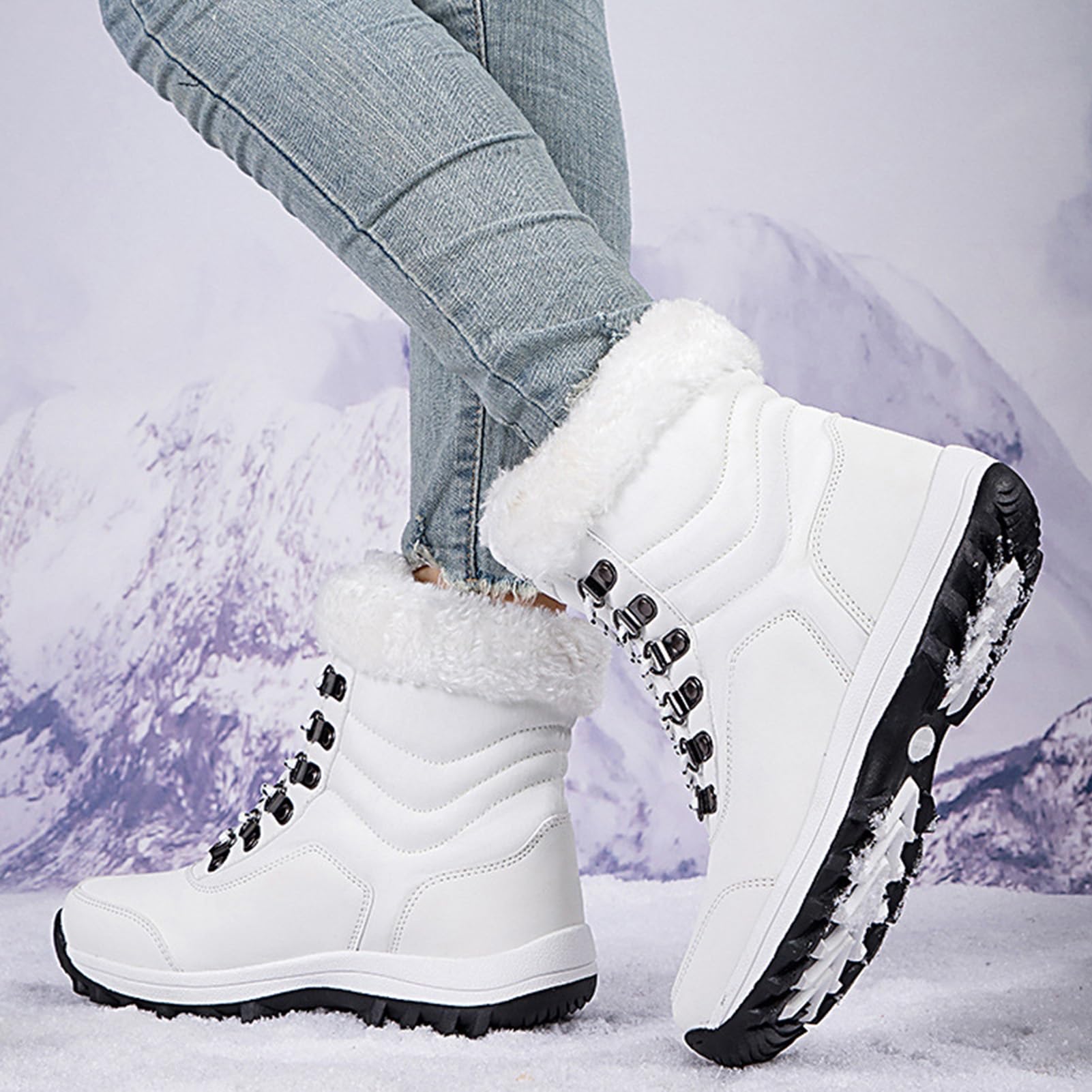 Women's Winter Snow Boots Waterproof Leather Faux Fur Lined Lace Up Ankle Booties Black Casual Warm Lightweight Anti-Slip Rubber Outsole Padded Soft Stylish Walking Shoes for Snowy Days Footwear White SpringStatements
