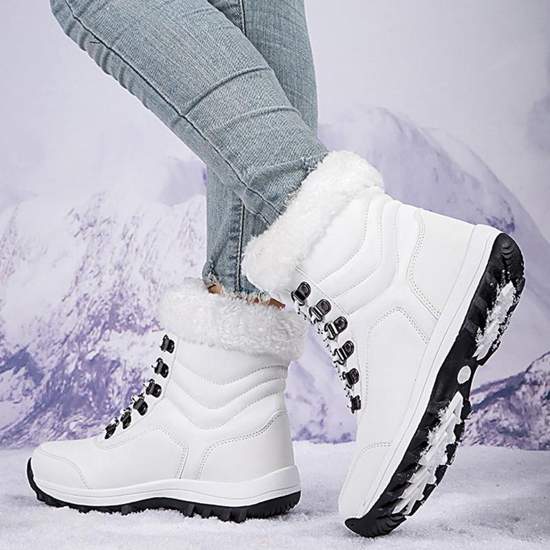 Women's Winter Snow Boots Waterproof Leather Faux Fur Lined Lace Up Ankle Booties Black Casual Warm Lightweight Anti-Slip Rubber Outsole Padded Soft Stylish Walking Shoes for Snowy Days Footwear White
