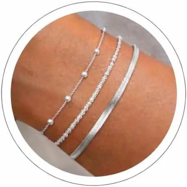 Bracelets for Women, 3- 14k  Plated Dainty Stackable Bracelet Set, Snake & Bead Chain, Adjustable , Wedding & Bridesmaid