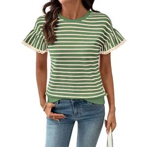 SummerVibes T-shirt Women's lace trimmed short sleeved round neck cotton breathable ruffle details, suitable for daily wear Knitted striped lace T-shirt round neck short sleeved fashion versatile clothes