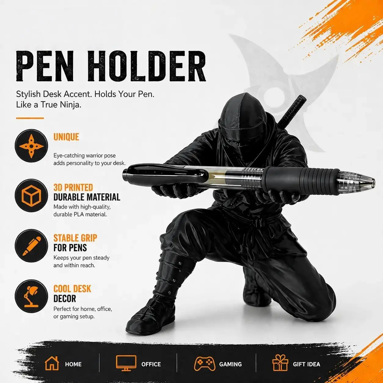 Cool 3D Printed Samurai Ninja Pen Holder Desk Organizer, Multi-Functional Pen Pencil Storage, Perfect Creative Gift for Boyfriend Coworkers Friends