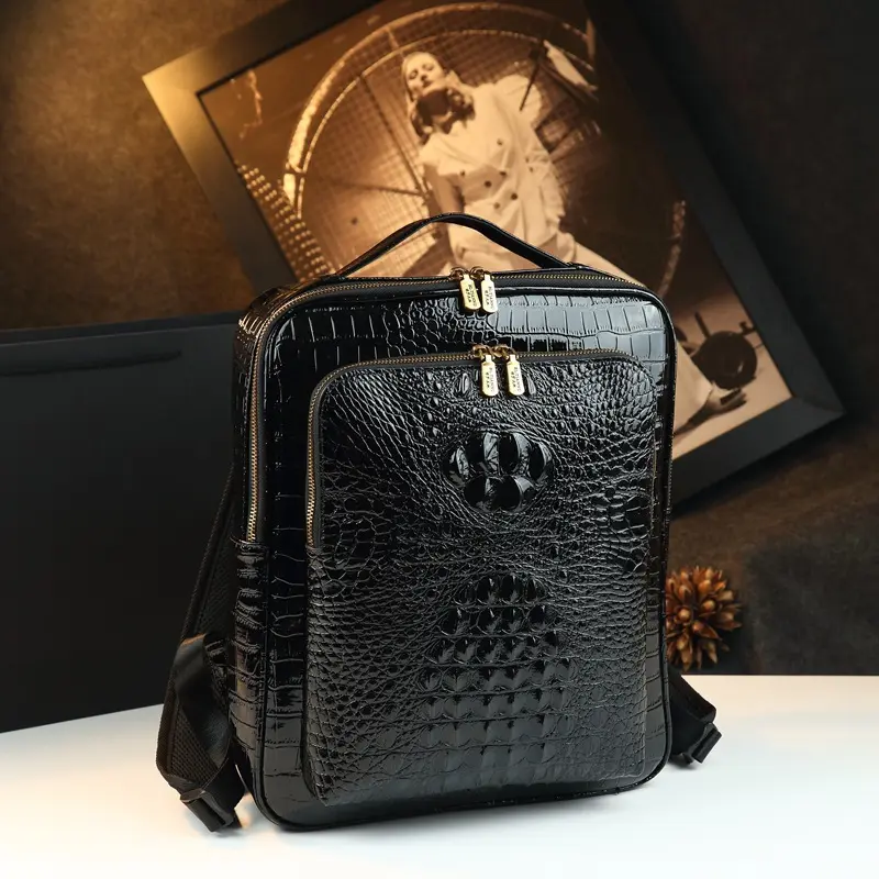 Glossy Crocodile Pattern Structured Backpack for Business Commuting, Large Capacity Laptop Backpack for Short Trips, Light Luxury Backpack