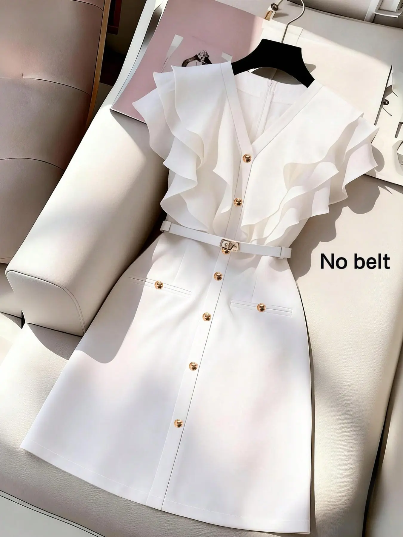 Elegant V-Neck Ruffle Dress, French Gold Button Design, Office Wear Short Skirt, Professional Style, Chic, High-Quality Look, Buttoned Dress