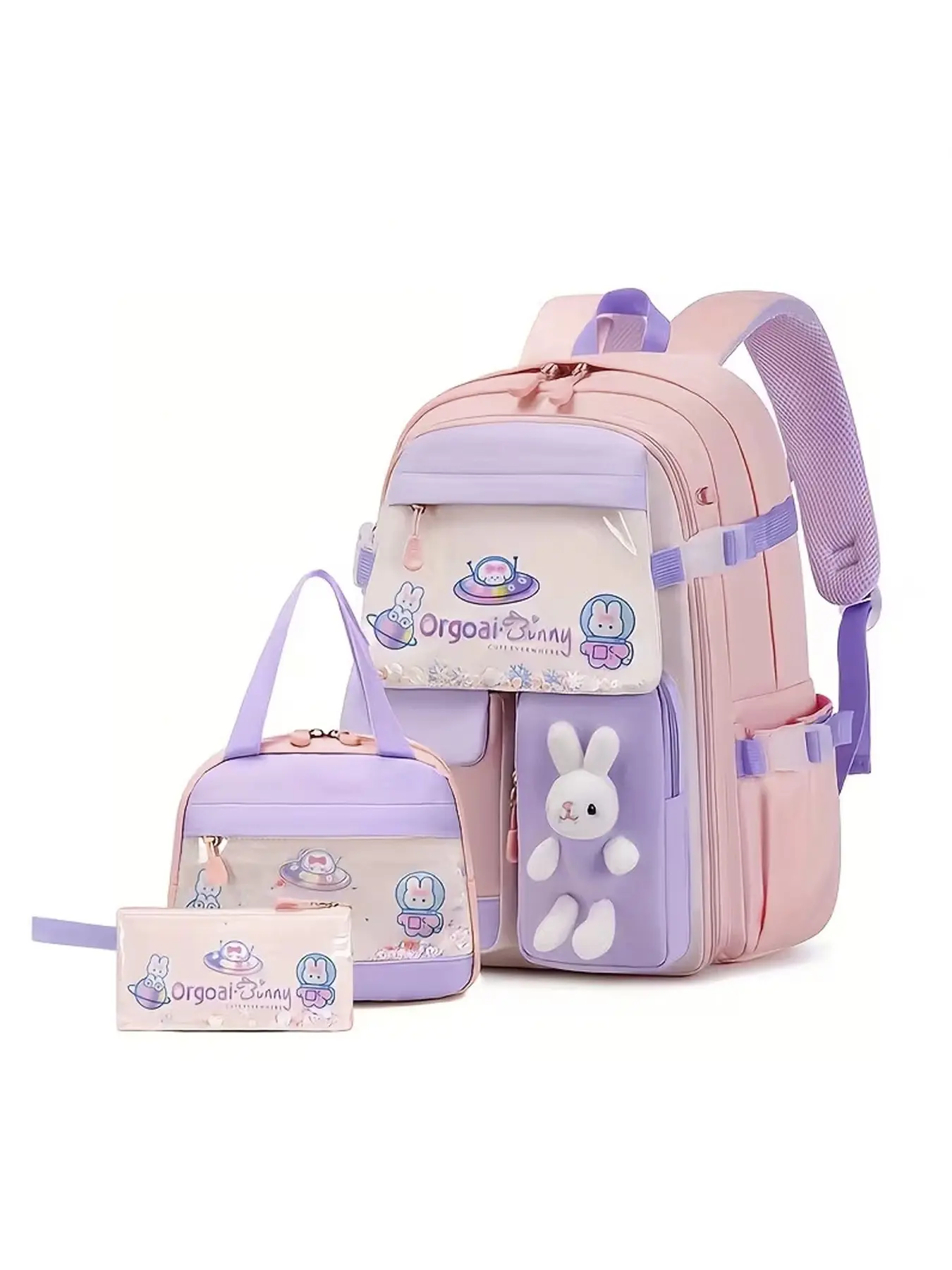 3pcs Girls School Backpack Set with Lunch Box & Pencil Case, Cute Rabbit Design, Fashion Crossbody Shoulder Bag for All Seasons, Bunny Backpack