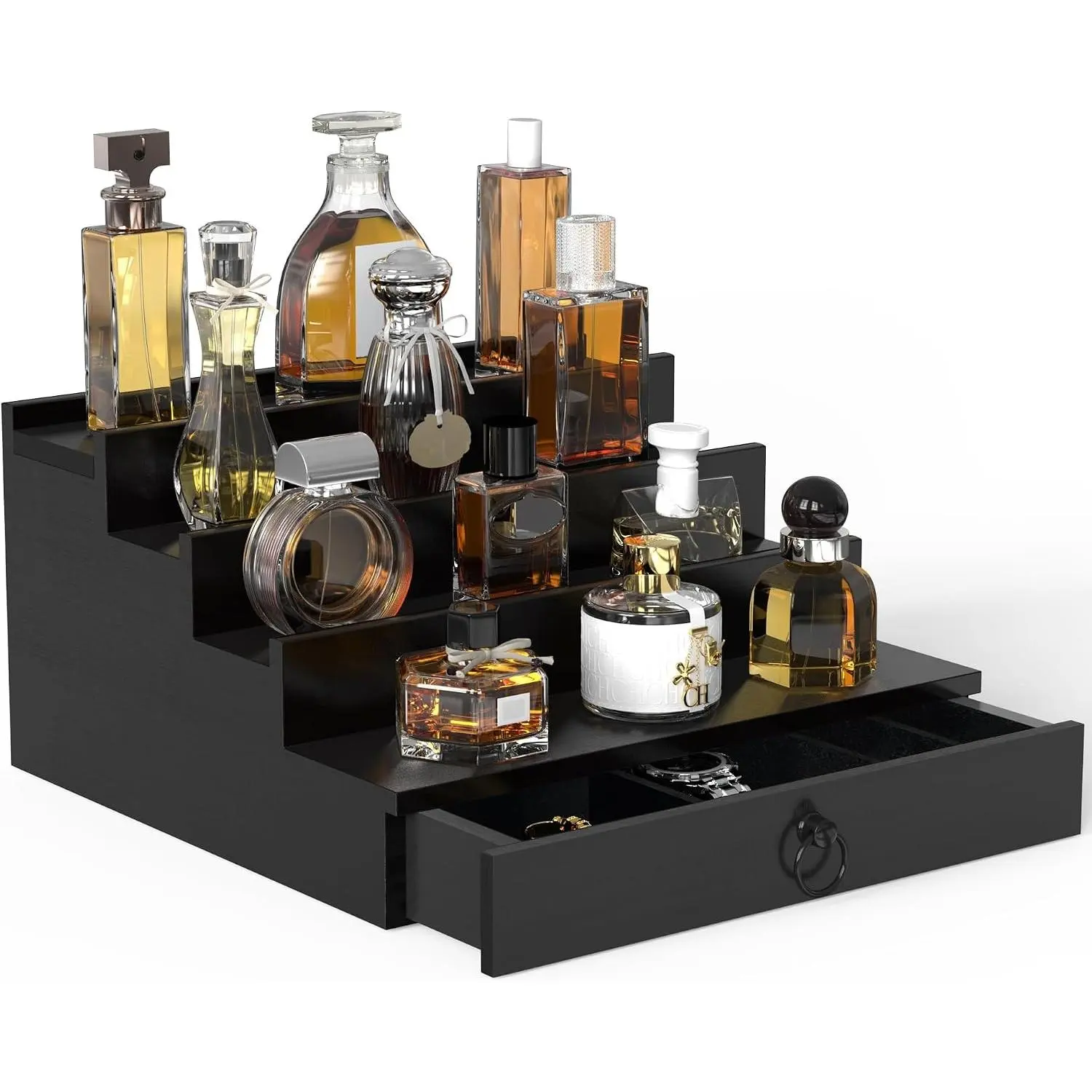 Men's 4-Tier Pine Wood Cologne Shelf Organizer (11x10.6x5.9"), Perfume Display Holder with Felt-Lined Drawer & Hidden Comp., Ideal Home/Bathroom Gift, Multi-Tiered