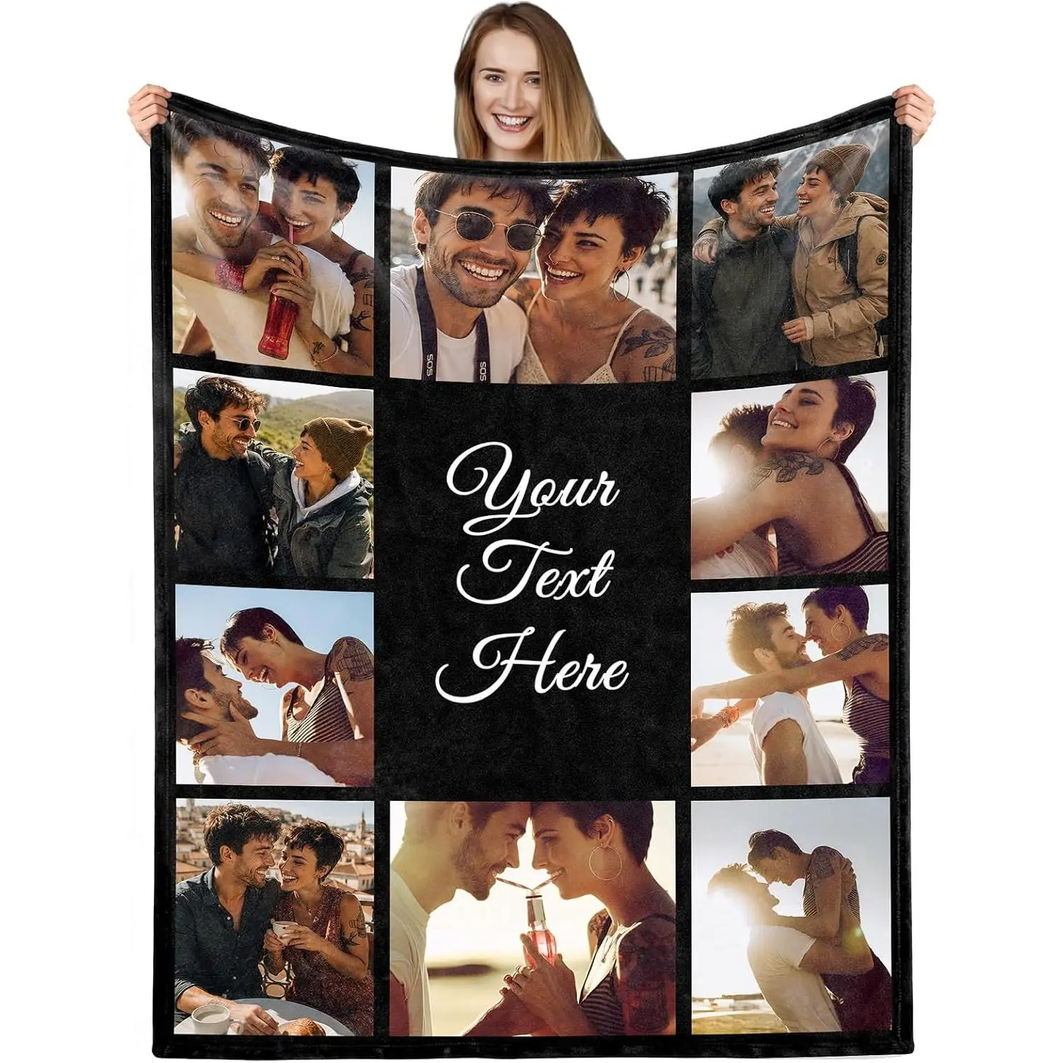 Custom Photo Flannel Throw Blanket, Black 3x3 Couples Collage Blanket with Personalized "Your Text Here" Center Design, Soft Cozy Warm Blanket for Couples, Anniversary, Valentine’s Day, Engagement & Birthday Gift