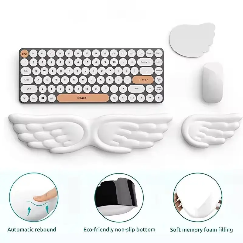 Keyboard Mouse Wrist Rest Angel Wing Memory Foam Mouse Pad Set Wrist Support Ergonomic Non-Slip for Computer Laptop Easy Typing