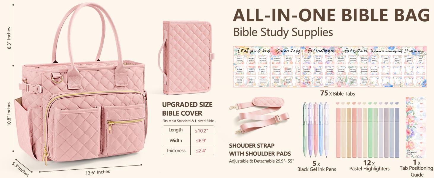 Large Bible Bag with Bible Cover Case for Women, Quilted Church Tote Bag Bible Carrying Case w/Shoulder Strap, Bible Study Supplies Journaling Kit Bible Accessories Christmas Christian Gifts for Women