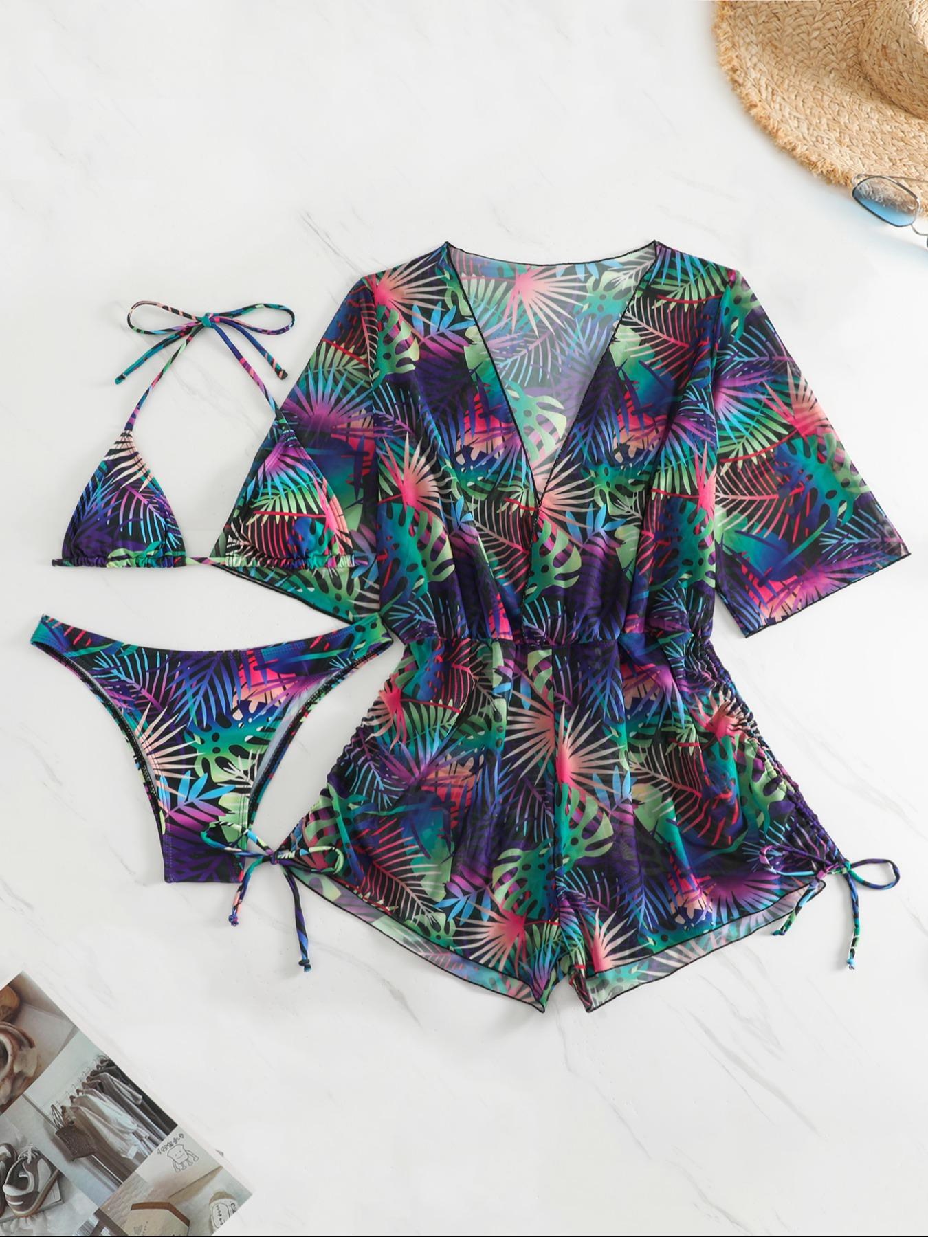 Three-piece Set Women's Plants Print Swimsuit Set, Including Swimsuit Cover Up & Halter Top & Panty, Fashion Chic Ladies Bathing Suit for Beach Holiday Vacation, Leaf Print Bikini