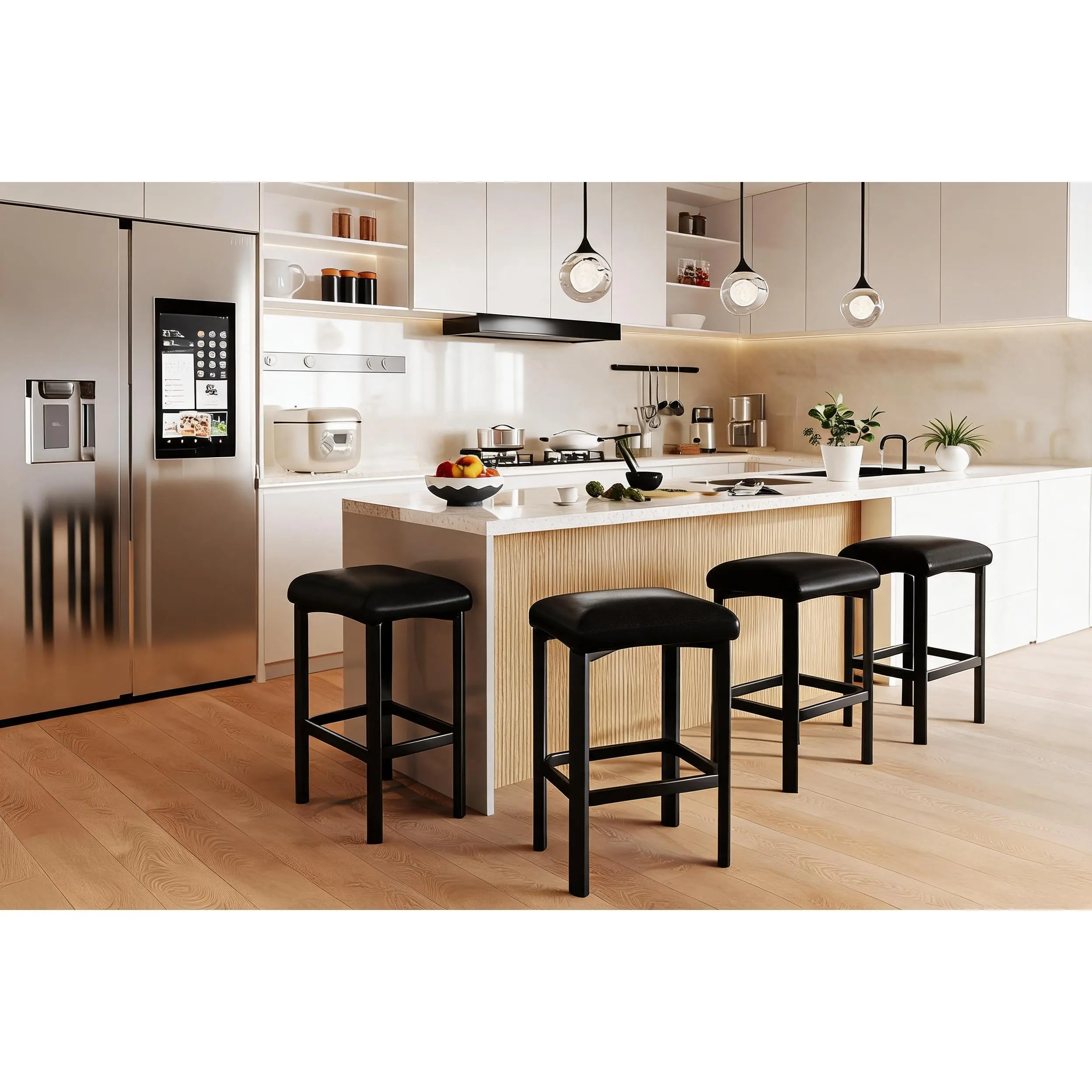 Modern PU Leather Bar Stools – 24" Counter Height Kitchen Chairs, 2" Thick Cushion, Heavy-Duty Metal Frame, Easy Assembly – Set of 2 or 4, Brown or Black