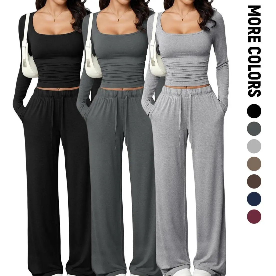 Women’s 2 Piece Lounge Set, Square Neck Long Sleeve Fitted Crop Top and Wide Leg Drawstring Pants with Pockets, Soft Stretchy Casual Matching Outfit for Travel, Daily Wear and Going Out