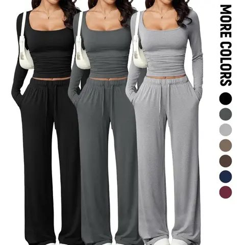 Women’s 2 Piece Lounge Set, Square Neck Long Sleeve Fitted Crop Top and Wide Leg Drawstring Pants with Pockets, Soft Stretchy Casual Matching Outfit for Travel, Daily Wear and Going Out