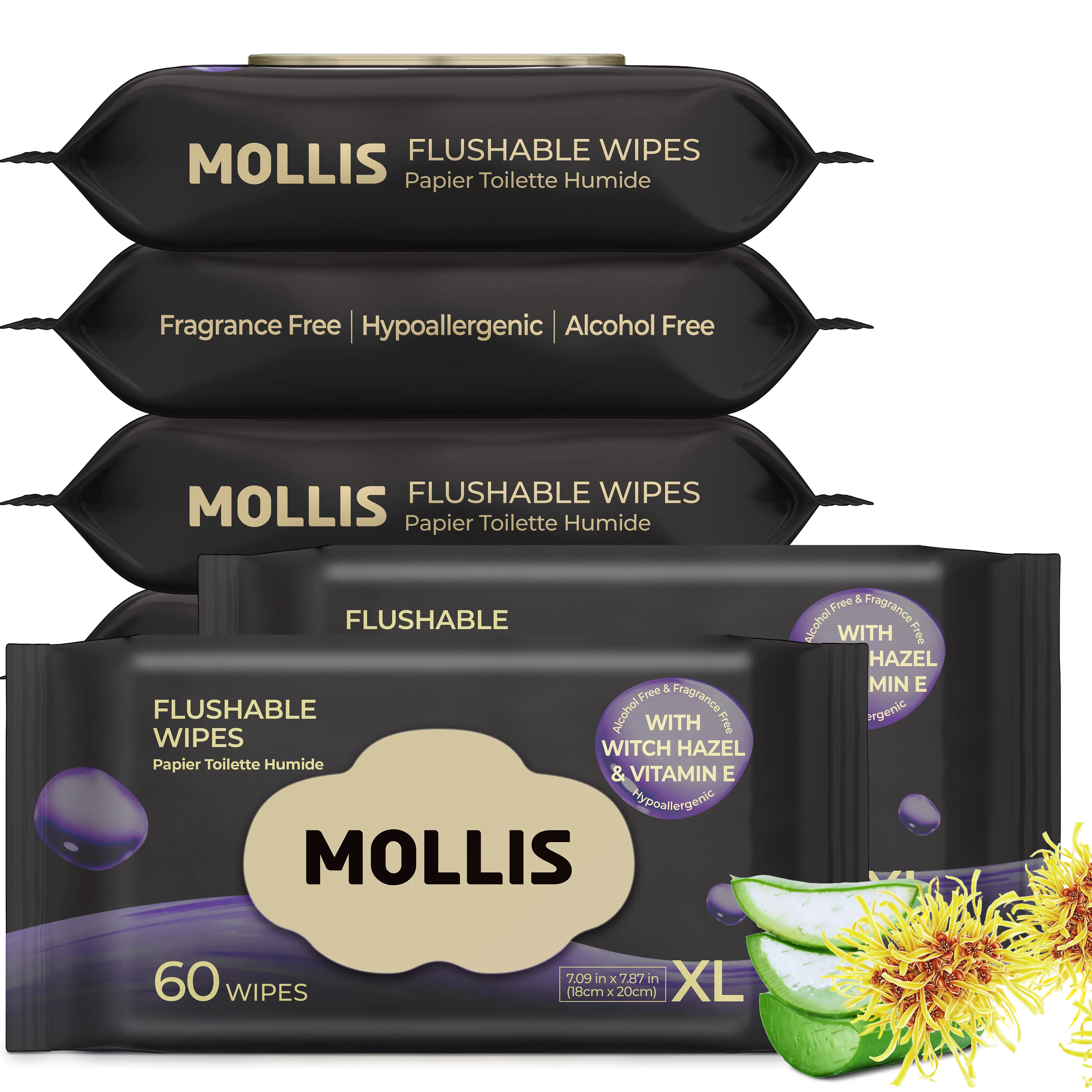MOLLIS Flushable Wipess with Witch Hazel, Extra Large, Unscented Wet Wipes with Vitamin E, Gentle for Sensitive Skin, 100% Plant-Based, Sewer & Septic Safe
