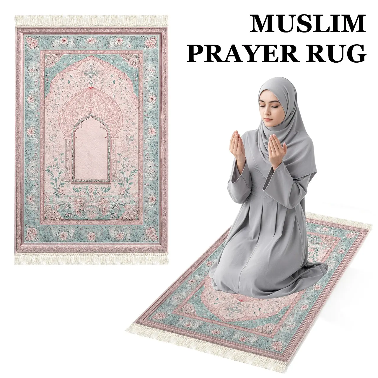 Muslim Prayer Rug, Pastel Mint- Floral Design, Floral Arch, Thick Padded Non-Slip Taffeta Mat, Foldable for Daily Salah & Travel, Ideal Gift