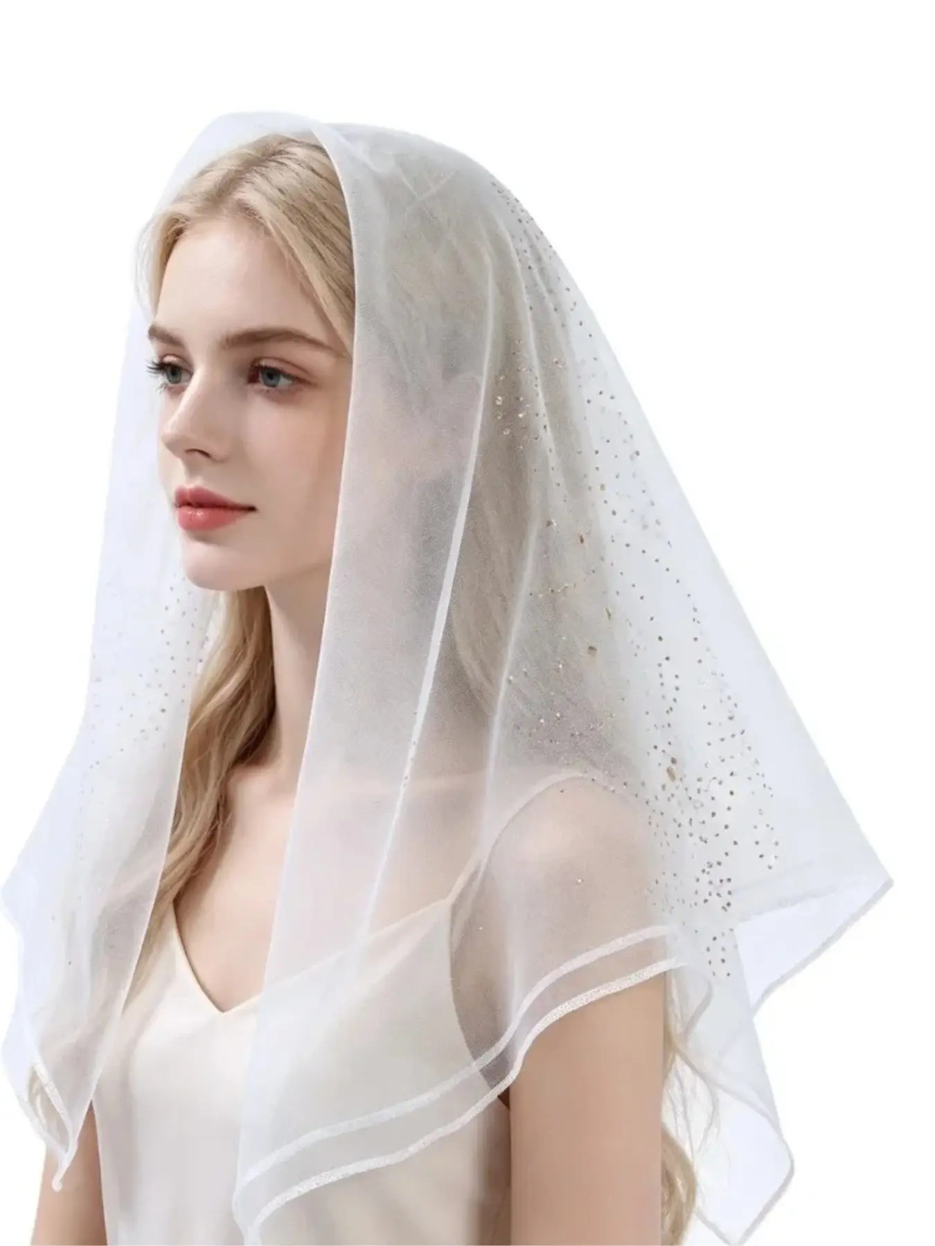 1pc White Mesh Tulle Sparkle Rhinestone Hijab Women Sheer Thin Veil Headscarf Fashion Modest Muslim Head Cover