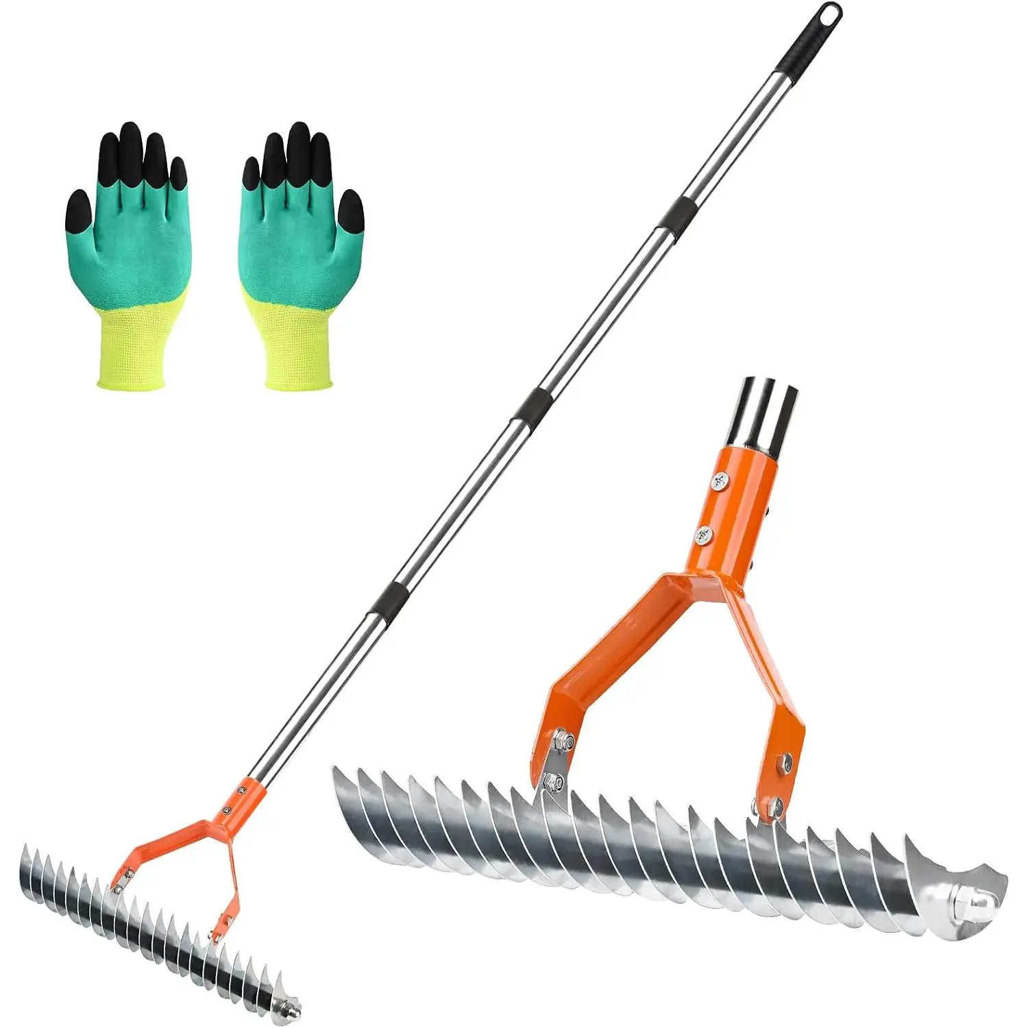 Thatch Rake -15 Inch Dethatcher Rake with Adjustable Handle, Efficient Steel Metal Rakes with Handle,Heavy Duty Thatching Rakes for Lawn,Garden, Yard