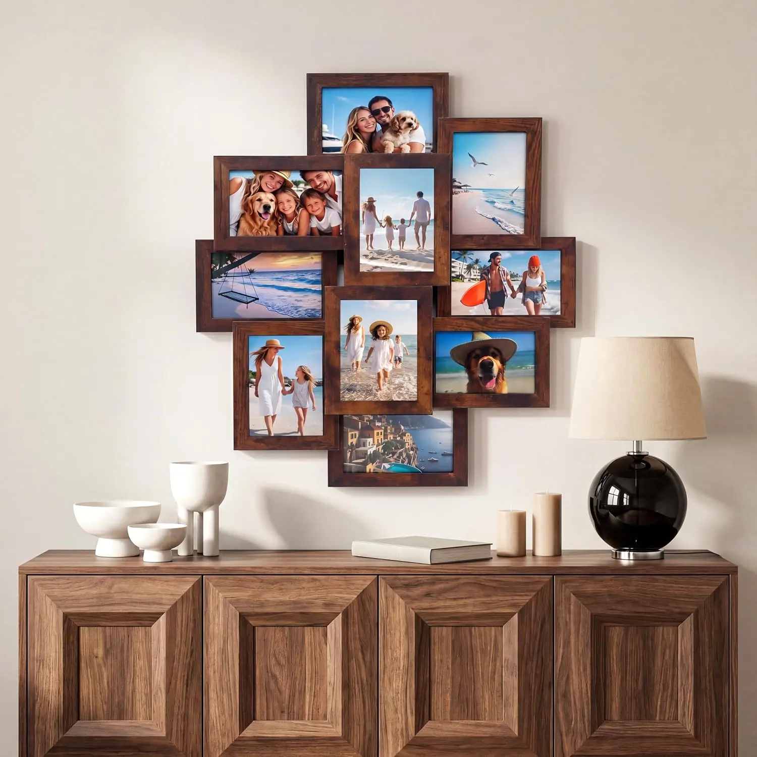 10/12-Opening Diamond Grid Collage Picture Frame, Displays 10/12 Pcs 4x6 Photos, MDF Construction, Wall Mountable Gallery Photo Frame